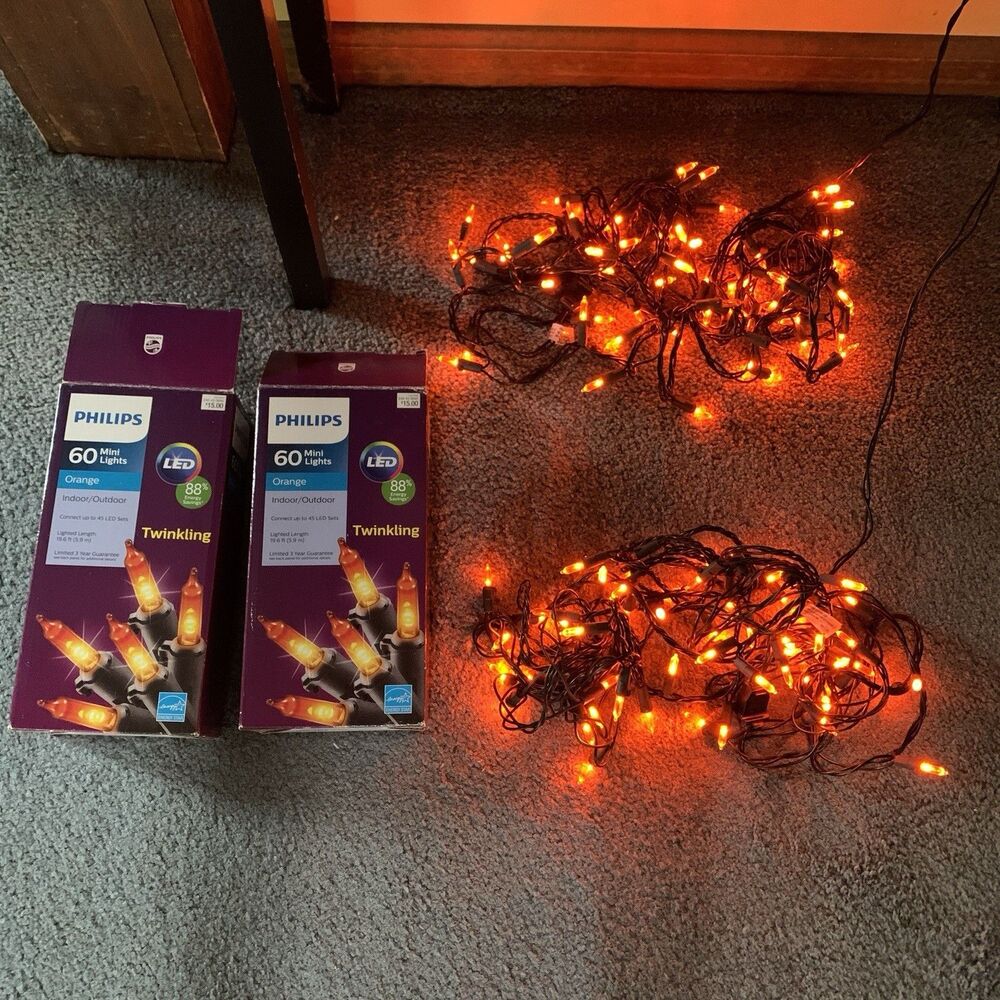 Philips 60 Orange Halloween Mini Lights 19.6 FT Twinkling Lot Of 2